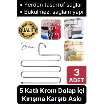 3 Adet Metal Dolap İçi Krom Pantolon Pantolon Akıllı Askılık 5li Taşır Çoklu Katlı Kırışma Karşıtı