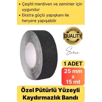 Premium 25mm x 15mt Siyah Kaydırmaz Bant Yapışkanlı Merdiven Basamak Zemin Güçlü Tutunabilen Halı