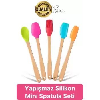 Mini Spatula Kaşık Fırça Setleri Yapışmaz Silikon Tencere Ahşap Saplı Renkli Pişirme Mutfak Araçları