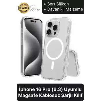 Premium Apple İphone 16 Pro 6.3 inç Uyumlu Kablosuz Şarj Destekli Sert Silikon Şeffaf Kılıf Magsafe