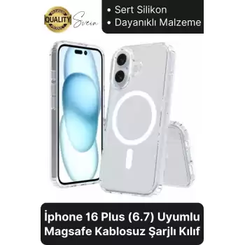 Premium Apple İphone 16 Plus 6.7 inç Uyumlu Kablosuz Şarj Destekli Sert Silikon Şeffaf Kılıf Magsafe