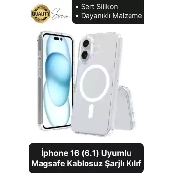 Premium Apple İphone 16 6.1 inç Uyumlu Kablosuz Şarj Destekli Sert Silikon Şeffaf Kılıf Magsafe