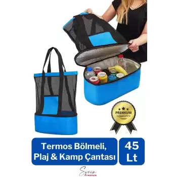 Sıcak Soğuk Tutucu Buzluklu Termos Bölmeli Fileli Omuz Askılı Fermuarlı Şık Plaj Kamp Piknik Çantası