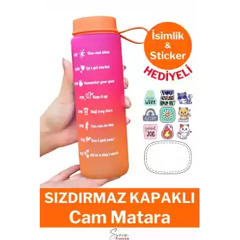 Premium Motivasyon 1. Kalite Sızdırmaz Renkli Yazılı Sporcu Cam Matara Kapaklı Su Şişesi Bpa İçermez