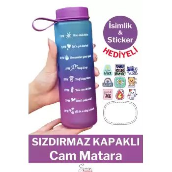 Premium Motivasyon 1. Kalite Sızdırmaz Renkli Yazılı Sporcu Cam Matara Kapaklı Su Şişesi Bpa İçermez
