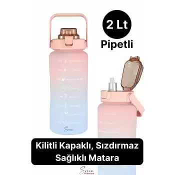 2 Lt Pipetli Motivasyonel Su Matarası Sağlıklı Sızdırmaz Suluk Tritan Spor Salonu Su Şişesi Sticker