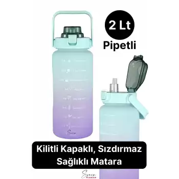 2 Lt Pipetli Motivasyonel Su Matarası Sağlıklı Sızdırmaz Suluk Tritan Spor Salonu Su Şişesi Sticker