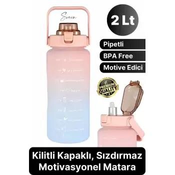 Premium 2 Lt Pipetli Kilitli Sızdırmaz Kapaklı Tutma Saplı Motivasyon Suluk Matara Sporcu Su Şişesi