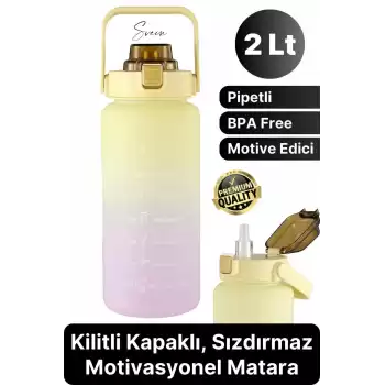 Premium 2 Lt Pipetli Kilitli Sızdırmaz Kapaklı Tutma Saplı Motivasyon Suluk Matara Sporcu Su Şişesi
