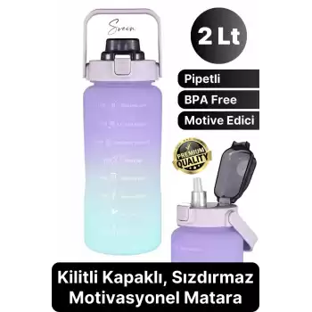Premium 2 Lt Pipetli Kilitli Sızdırmaz Kapaklı Tutma Saplı Motivasyon Suluk Matara Sporcu Su Şişesi