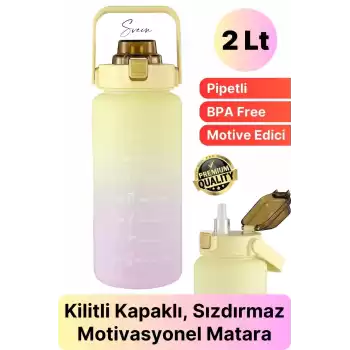 Premium 2 Lt Pipetli Kilitli Sızdırmaz Kapaklı Tutma Saplı Motivasyon Suluk Matara Sporcu Su Şişesi