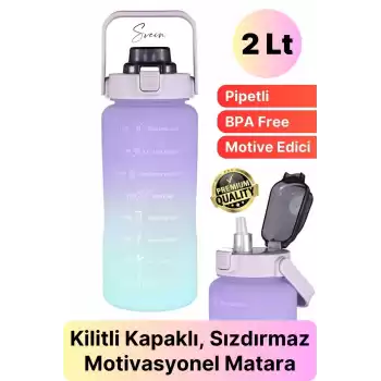 Premium 2 Lt Pipetli Kilitli Sızdırmaz Kapaklı Tutma Saplı Motivasyon Suluk Matara Sporcu Su Şişesi