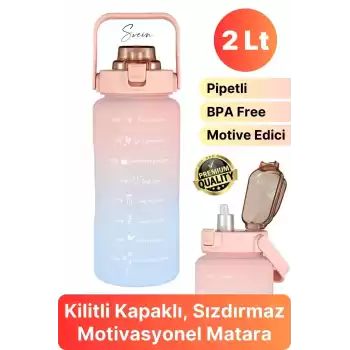 Premium 2 Lt Pipetli Kilitli Sızdırmaz Kapaklı Tutma Saplı Motivasyon Suluk Matara Sporcu Su Şişesi