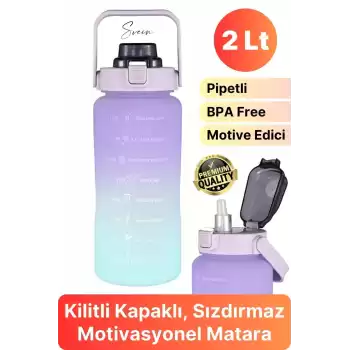Premium 2 Lt Pipetli Kilitli Sızdırmaz Kapaklı Tutma Saplı Motivasyon Suluk Matara Sporcu Su Şişesi