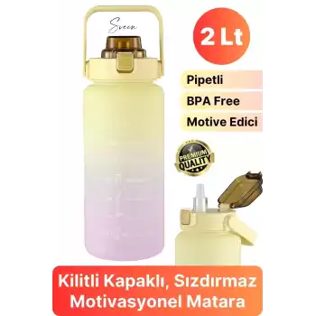 Premium 2 Lt Pipetli Kilitli Sızdırmaz Kapaklı Tutma Saplı Motivasyon Suluk Matara Sporcu Su Şişesi