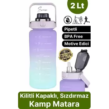 Premium 2 Lt Pipetli Kilitli Sızdırmaz Kapaklı Kamp Sağlıklı Motivasyon Suluk Matara Spor Su Şişesi