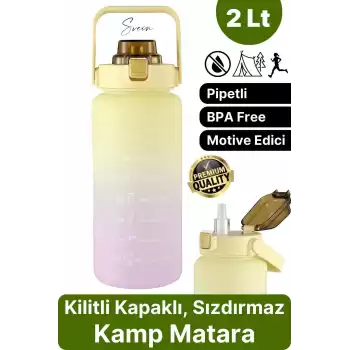Premium 2 lt Pipetli Kilitli Sızdırmaz Kapaklı Kamp Sağlıklı Motivasyon Suluk Matara Spor Su Şişesi