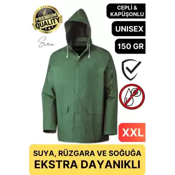 Premium Yeşil Xxl 150 gr Kapüşonlu Cepli Yağmurluk Su Rüzgar Soğuk Geçirmez Unisex Çıtçıtlı Pardösü