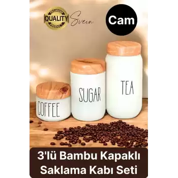 3lü Boy Vakumlu Bambu Kapaklı Cam Beyaz Kavanoz Seti Saklama Kabı Takımı Tuz Şeker Kahve Mutfak
