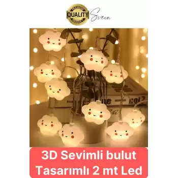 3D Sevimli Bulut Tasarımlı 2 Metre Şerit Zincir 10lu Led Işıklı Aydınlatma Dekor Süsleme Lamba