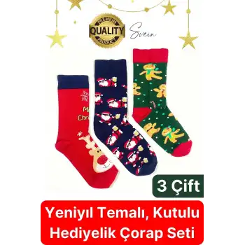 Yılbaşı Hediyesi Yeniyıl Çorap 3 Çift Kutulu Desenli Uzun Renkli Kadın Erkek Unisex Özel Konsept Kış