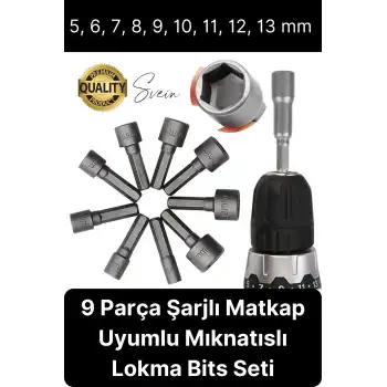 Premium 9 Parça Dayanıklı Somun Sökücü Sıkma Bits Lokma Seti Adaptör Matkap Ucu Altıgen Vidalama