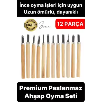 Premium Paslanmaz Ahşap El Oyma Bıçak Seti 12 Parça Siyah Uç İskarpela Hobi Profesyonel İşleme Aleti