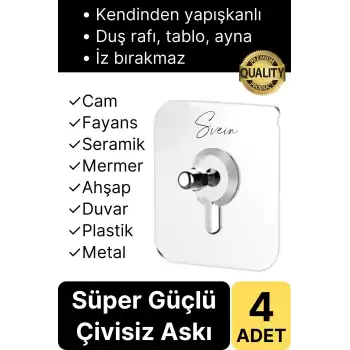 4 Adet Süper Güçlü Kendinden Yapışkanlı Tutunabilen Çok Amaçlı Çerçeve Tablo Banyo Duş Mutfak Askı