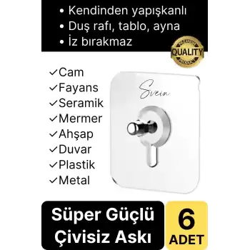 6 Adet Süper Güçlü Kendinden Yapışkanlı Tutunabilen Çok Amaçlı Çerçeve Tablo Banyo Duş Mutfak Askı