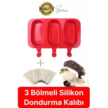 Premium 3lü Silikon Magnum Şeklinde Dondurma Yapma Kalıbı Ahşap Çubuklu Buzluk Puding Kabı Pratik