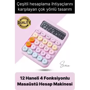 4 Fonksiyonlu Renkli Hesap Makinesi 12 Haneli Yuvarlak Tuşlu Şirin Masaüstü Ofis Kompakt