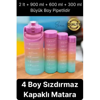 Yeni Model Pipetli 4 Boy Motivasyonel Su İçecek Matarası Sporcu Suluk Şişesi Renkli Büyük ve Küçük