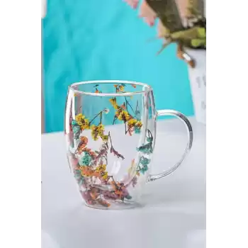Özel Üretim Kurutulmuş Çiçekli Şık Dayanıklı Cam Kupa Bardak Hediyelik Kulplu Fincan 250 ml