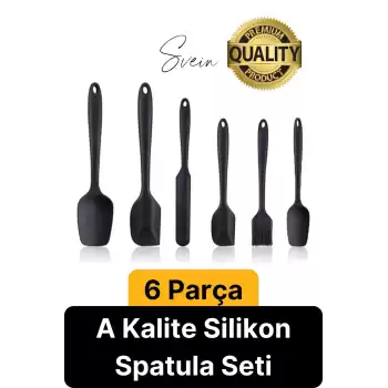 6 Parça Silikon Spatula Fırça Kaşık Bıçak Yemek Hazırlık Pasta Mutfak Seti Yanmaz Yapışmaz Siyah