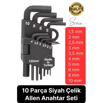 Premium 10 Parça Siyah Çelik 120 mm Allen Anahtar Seti Alyan Takımı Profesyonel Manuel Uzun Tamir