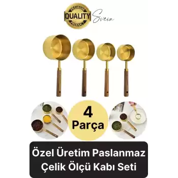 Özel Üretim Ağaç Saplı Paslanmaz Çelik 4 Boy Ölçü Kaşığı Kabı Lüks Şık Doğal Görünüm Otantik Altın