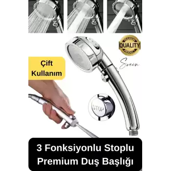 Premium 3 Fonksiyonlu Stoplu Krom Görünüm Duş Başlığı El Duşu Yüksek Basınç Kolay Kullanım Patlamaz