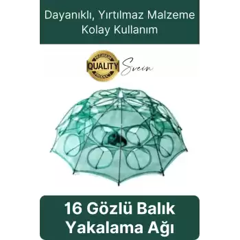 Ekstra Sağlam 16 Gözlü Balık Kapanı Ağı Cepli Büyük Boy Balık Yakalama Filesi Yem Bölmeli Fermuarlı