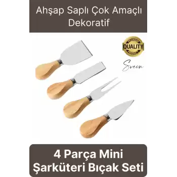 Bambu Saplı 4lü Mini Şarküteri Bıçakları Servis Sunumluk Peynir ve Ekmek Kesimi İçin Spatula Seti