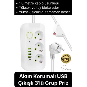 Premium Yeni Nesil Akım Korumalı 3lü Grup Priz Uzatma 4 USB Çıkışlı Bağlantılı Fiş 3000 Watt