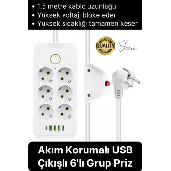 Premium Yeni Nesil Akım Korumalı 6lı Grup Priz Uzatma 4 USB Çıkışlı Bağlantılı Fiş 3000 Watt