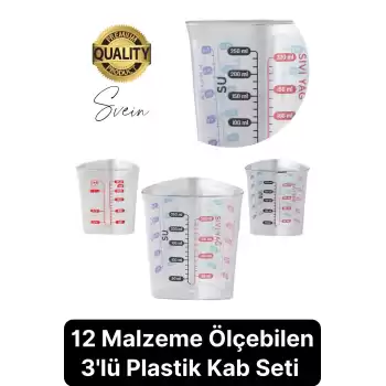 Premium 3lü Set Plastik Ölçü Kabı 12 Çeşit Malzeme Ölçme Şeffaf Mutfak Gereci Galeta Unu İrmik