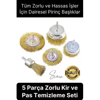 Dayanıklı Çanak Saçaklı Tel Fırça Seti 5 Parça Sarı Telli Dairesel Matkap Uyumlu Pas Kir Temizleyici