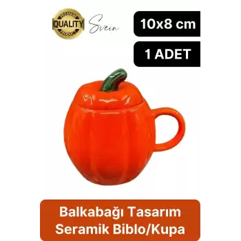 Özel Üretim Kapaklı Seramik Balkabağı Kulplu Kupa Cadılar Bayramı Kahve Biblo Fincan Sonbahar Şık