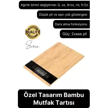 Premium Ahşap Dijital Ekranlı Yüksek Hassasiyet Mutfak Terazisi Bambu Tartı 5 kg Kapasiteli