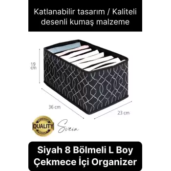 Çok Amaçlı Siyah 8 Gözlü Çekmece Dolap İçi Düzenleyici Organizer Büyük Large Boy Tshirt El Havlusu