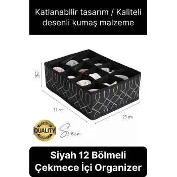 12 Bölmeli Dolap Çekmece İçi Düzenleyici Siyah Organizer Çorap Kravat Hobi Kutusu Kozmetik Aksesuar