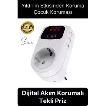 Premium Dijital Akım Korumalı Tekli Priz TV Bilgisayar Led Göstergeli Ekran Çocuk 4000 Watt Güvenli