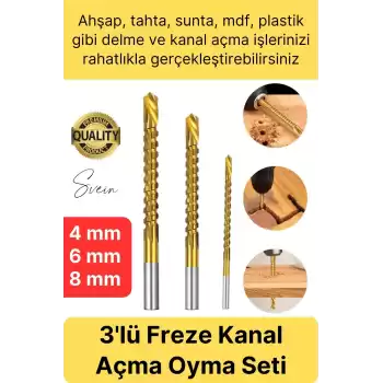Premium Çok Amaçlı 3lü Freze Matkap Uç Seti Ahşap Tahta Delme Titanyum Kanal Açma Sunta Mdf Oyma