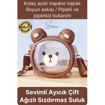 Sevimli Ayıcıklı Çocuk Suluğu Çift Kapaklı Pipetli Boyun Askılı Su Matarası Şişesi Kahve Sticker